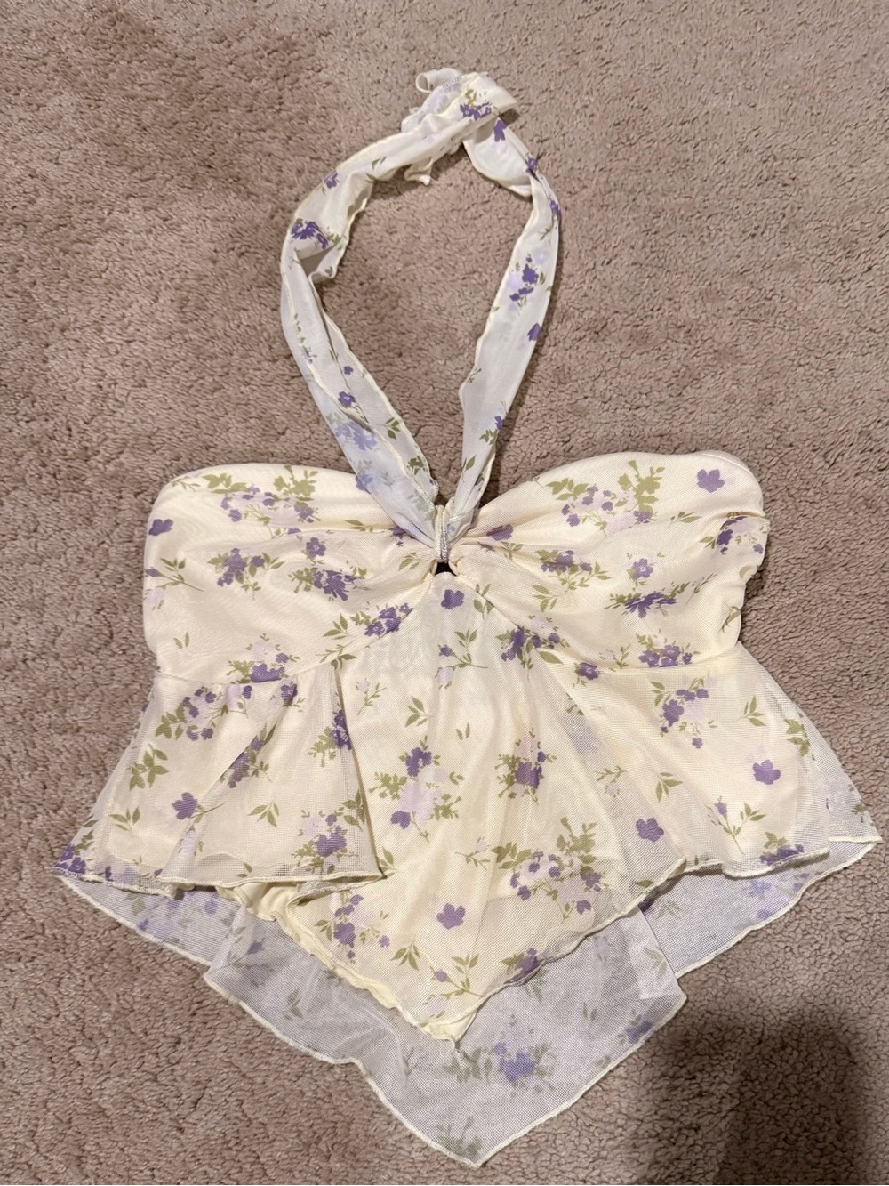 Ivory Floral Halter Crop Top with Lavender Print